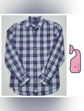 Vineyard Vines Blue Plaid Classic Fit Cotton & Linen Murray Shirt Sz M
